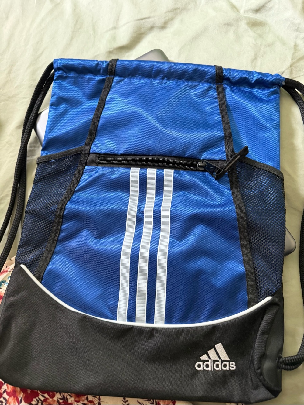 adidas Blue and Black Drawstring Backpack with Front Zip Pocket